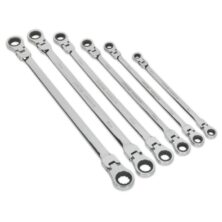 Sealey Flexi-Head Double End Ratchet Ring Spanner Set 6pc Extra-Long Metric Ratchet Workplace Stuff UK Sealey Flexi-Head Double End Ratchet Ring Spanner Set 6pc Extra-Long Metric Ratchet Workplace Stuff UK