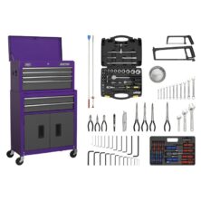 Sealey Topchest & Rollcab Combination 6 Drawer with Ball-Bearing Slides – Purple/Grey & 128pc Tool Kit American Pro Workplace Stuff UK Sealey Topchest & Rollcab Combination 6 Drawer with Ball-Bearing Slides – Purple/Grey & 128pc Tool Kit American Pro Workplace Stuff UK