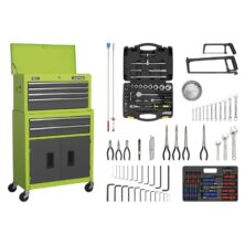 Sealey Topchest & Rollcab Combination 6 Drawer Ball-Bearing Slides – Hi-Vis Green/Grey & 128pc Tool Kit American Pro Workplace Stuff UK Sealey Topchest & Rollcab Combination 6 Drawer Ball-Bearing Slides – Hi-Vis Green/Grey & 128pc Tool Kit American Pro Workplace Stuff UK