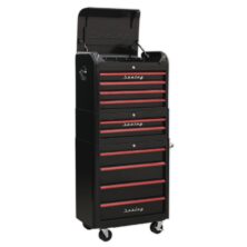 Sealey Retro Style Topchest, Mid-Box & Rollcab Combination 10 Drawer – Black with Red Anodised Drawer Pulls Premier Workplace Stuff UK Sealey Retro Style Topchest, Mid-Box & Rollcab Combination 10 Drawer – Black with Red Anodised Drawer Pulls Premier Workplace Stuff UK