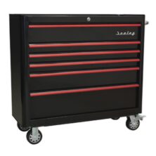 Sealey Rollcab 6 Drawer Wide Retro Style – Black with Red Anodised Drawer Pulls Premier Workplace Stuff UK Sealey Rollcab 6 Drawer Wide Retro Style – Black with Red Anodised Drawer Pulls Premier Workplace Stuff UK