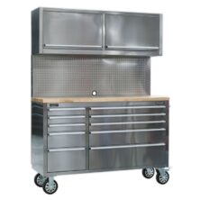 Sealey Mobile Stainless Steel Tool Cabinet 10 Drawer with Backboard & 2 Wall Cupboards Premier Workplace Stuff UK Sealey Mobile Stainless Steel Tool Cabinet 10 Drawer with Backboard & 2 Wall Cupboards Premier Workplace Stuff UK