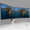Levo-Monitor-Arm-Dual-Screen-Bar-shown-in-white-with-two-mounted-screens