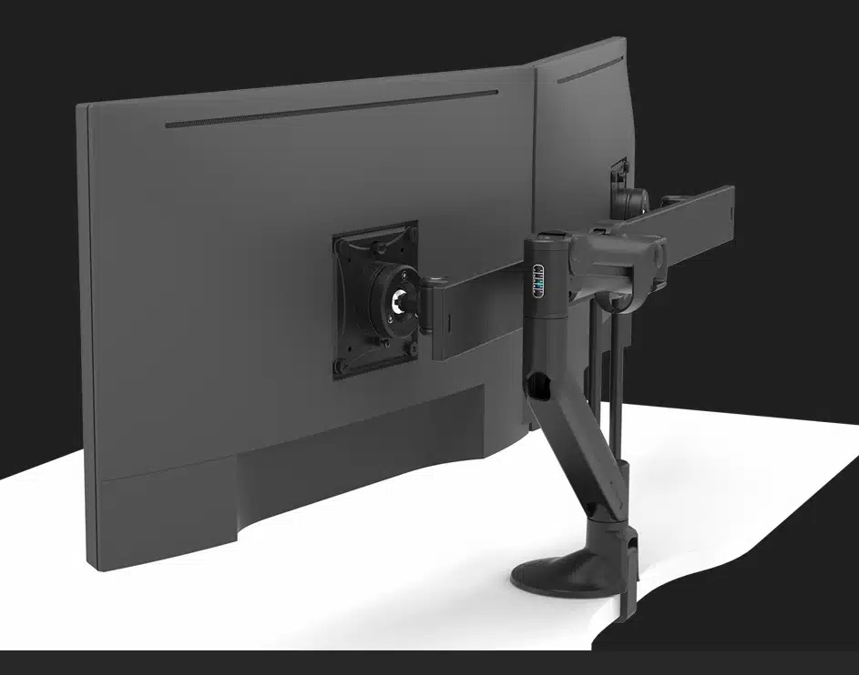 Levo-Monitor-Arm-rear-view-of-arm-with-Dual-Screen-Bar