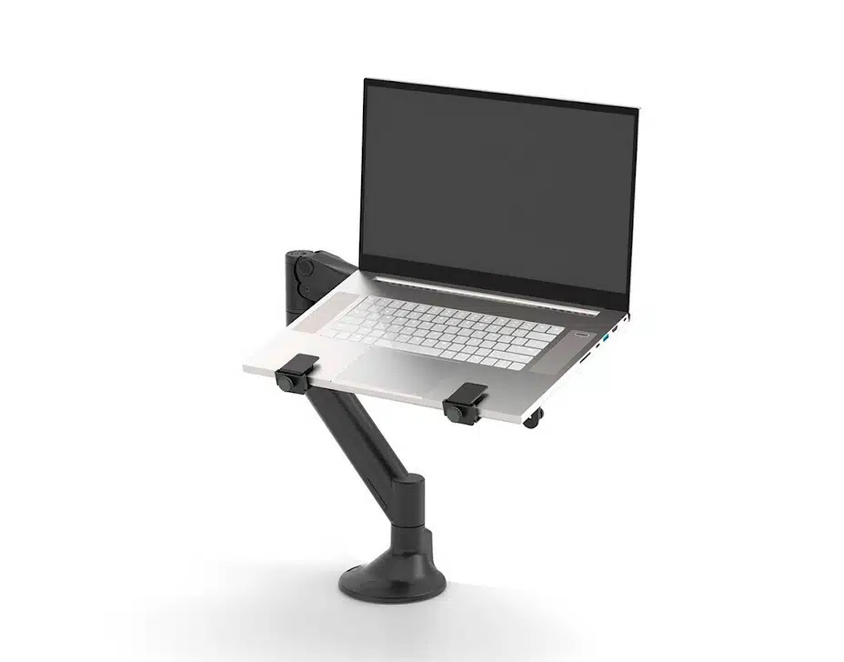 Levo-Monitor-Arm-shown-with-an-optional-universal-laptop-holder-attachment