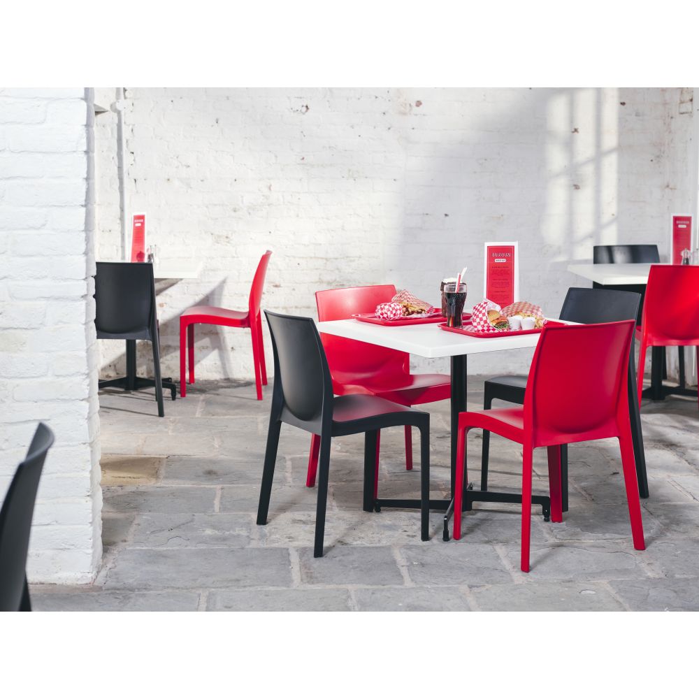 Strata Anthracite Side Chair and Strata Red Side Chair with Madrid Flip Top Dining Height Table Base and 800 Square White Werzalit Table Top 1