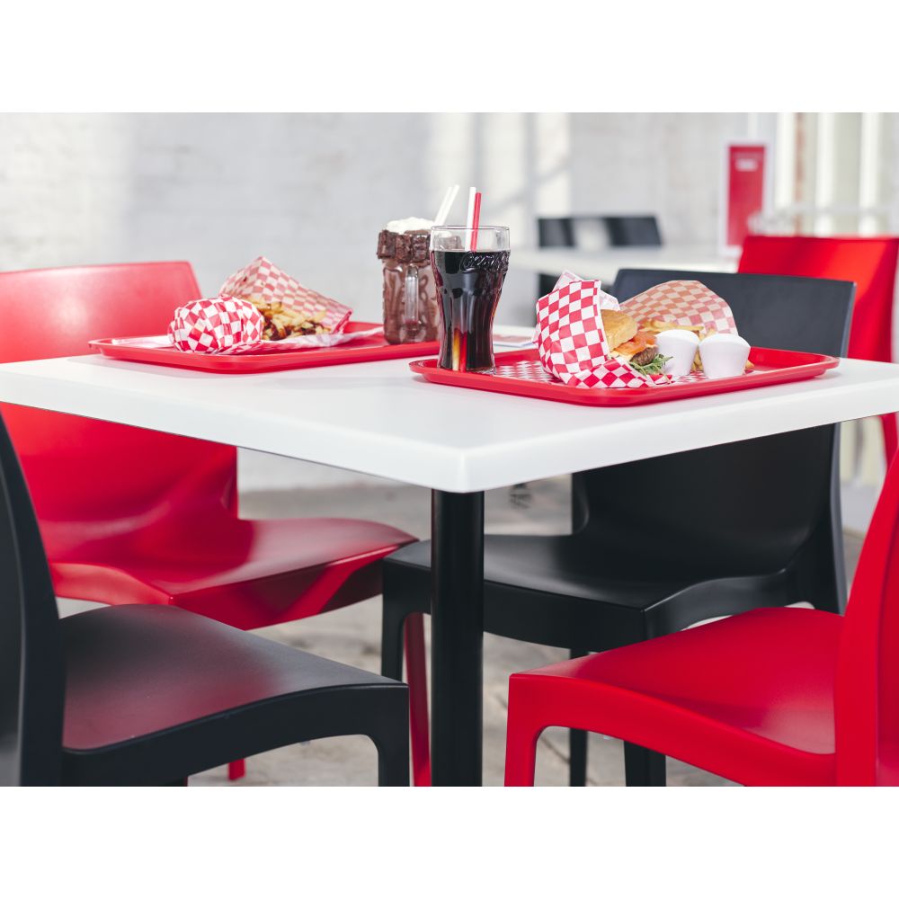 Strata Anthracite Side Chair and Strata Red Side Chair with Madrid Flip Top Dining Height Table Base and 800 Square White Werzalit Table Top 3