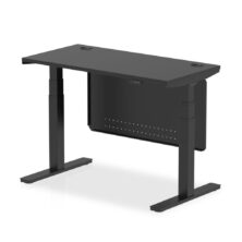 Black Air Height Adjustable Slimline Desk with Cable Ports and Steel Modesty Panel – 600mm Deep Office Desks Workplace Stuff UK Black Air Height Adjustable Slimline Desk with Cable Ports and Steel Modesty Panel – 600mm Deep Office Desks Workplace Stuff UK